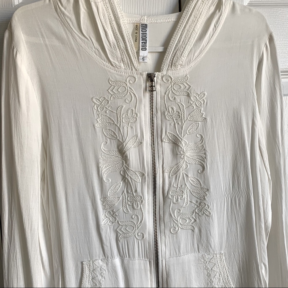 ModCloth White Embroidered Zip Vacation Hoodie